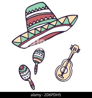 Sombrero e chitarra su sfondo bianco isolato. Giorno del simbolo morto per invito o carta regalo, taccuino, tegola da bagno, custodia per telefono o panno Illustrazione Vettoriale
