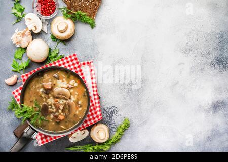 Zuppa di funghi di verdure a base di carne calda con manzo e orzo integrale. Con pane nero, in padella di metallo, vista dall'alto, tavolo da cucina grigio, spazio per la copia Foto Stock
