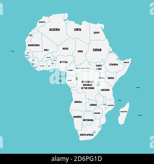 Semplice mappa piatta del continente africano con i confini nazionali e le etichette dei nomi dei paesi su sfondo blu. Illustrazione vettoriale. Illustrazione Vettoriale
