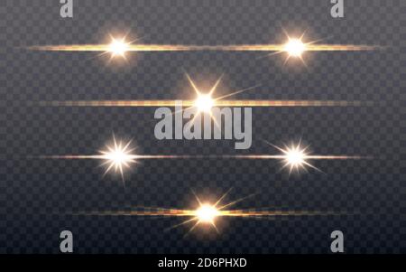 Set di svasatura lente. Effetto luminoso su sfondo trasparente. Stelle luminose o luce esplode. Sun flash collection. Collezione luminosa. Vettore Illustrazione Vettoriale
