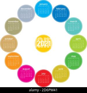 Calendario colorato per il 2021. Design circolare. In formato vettoriale Illustrazione Vettoriale