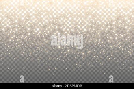 Texture glitter oro. Particelle scintillanti di lusso. Ricchi e luminosi confetti. Modello biglietto di auguri. Polvere d'stelle realistica su sfondo trasparente. Vettore Illustrazione Vettoriale