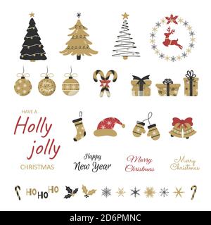 Set di elementi di design per le vacanze invernali. Allegro set di adesivi disegnati a mano per il nuovo anno. Illustrazione di Natale per carta, poster, web, logo, scrapbooking Illustrazione Vettoriale