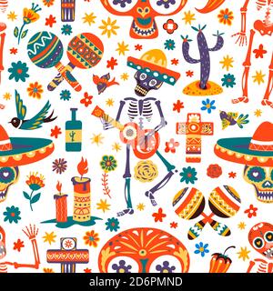 Dia de los muertos, scheletro che suona un vettore di chitarra Illustrazione Vettoriale
