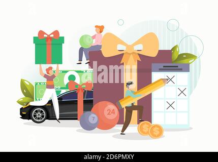 Persone che giocano a lotterie, vincendo premi, flat vettoriale illustrazione. Gioco d'azzardo della lotteria, estrazione a premi. Illustrazione Vettoriale