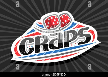 Logo vettoriale per Craps Gamble, badge bianco moderno con illustrazione di 2 cubi gettati cartoon, scritta unica per parole nere craps, tabellone con i segni del gioco d'azzardo Illustrazione Vettoriale