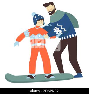 Papà insegnando figlio a snowboard, vettore di sport invernali Illustrazione Vettoriale