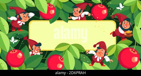Cornice giardino magico con frutta e gnomi da lì è spazio di copia per l'aggiunta di testo. Cornice colorata. Concetto di fondo. Illustrazione vettoriale. Illustrazione Vettoriale