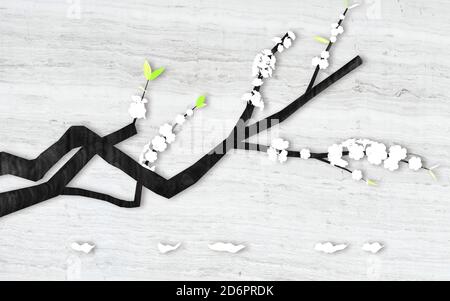 illustrazione 3d, sfondo in marmo grigio, ramo nero astratto con fiori di carta bianca e foglie verdi Foto Stock