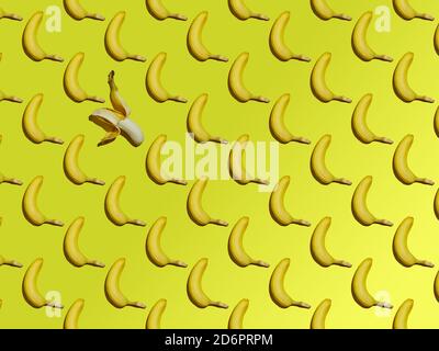 Un modello di banane mature intere isolate su uno sfondo a gradiente giallo. Foto Stock