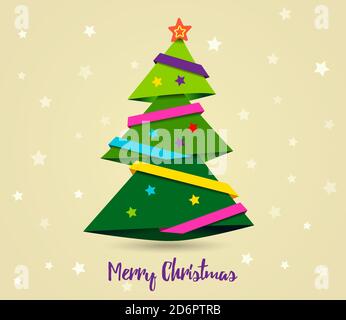 Carta oro Buon Natale. Nastro di carta sull'albero di Natale con stella gialla. Stile arte della carta. Illustrazione vettoriale. Illustrazione Vettoriale
