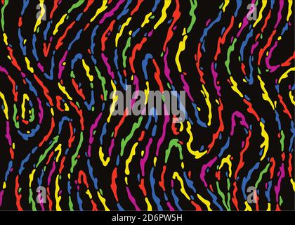Astratto psichedelico sfondo. Colori al neon e motivo nero. Illustrazione vettoriale per progettazione di superfici, stampa, poster, icone, Web, disegni grafici. Illustrazione Vettoriale