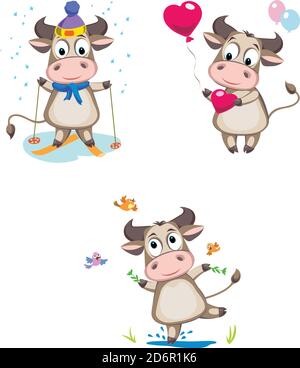 toro divertente, toro in varie pose e situazioni, disegno Illustrazione Vettoriale