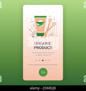 spazzolini da denti in bambù con dentifricio igiene dentale smartphone concetto di prodotto organico immagine vettoriale dello spazio di copia dell'app mobile dello schermo Illustrazione Vettoriale