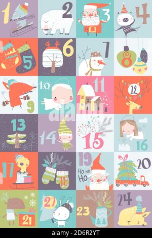 Calendario dell'Avvento con decorazioni natalizie e personaggi Illustrazione Vettoriale