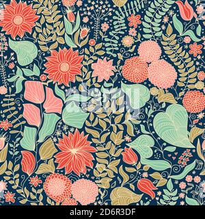 Motivo floreale senza cuciture in stile folk con fiori selvatici, foglie. Disegnata a mano. Illustrazione vettoriale Illustrazione Vettoriale