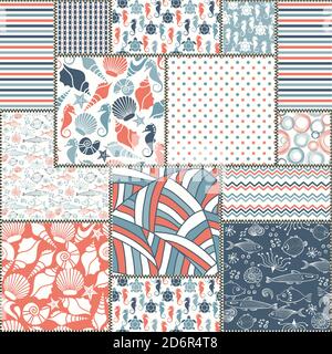 Motivo di patchwork colorato astratto senza cuciture da fiori e geometrie macchie ornamentali in stile popolare. Sfondo disegnato a mano in colori retrò Illustrazione Vettoriale