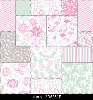 Motivo di patchwork colorato astratto senza cuciture da fiori e geometrie macchie ornamentali in stile popolare. Sfondo disegnato a mano in colori retrò Illustrazione Vettoriale