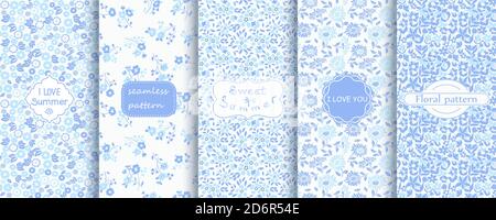 Collezione di modelli retro senza giunture degli anni '50 e '60. Motivo floreale senza cuciture in blu chiaro e bianco. Illustrazione vettoriale. Illustrazione Vettoriale