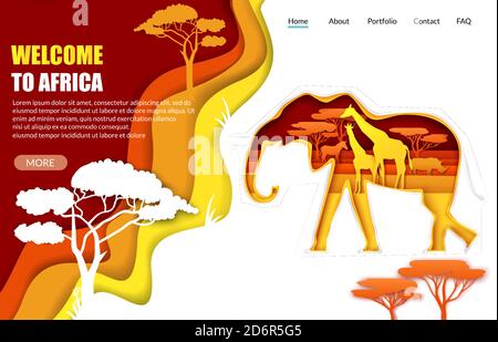 Benvenuti in Africa vettore sito web landing page modello. Silhouette di elefante tagliata in carta con giraffe naturali africane rhino Illustrazione Vettoriale