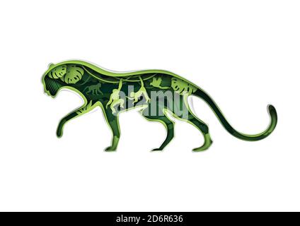 Silhouette Jaguar con natura della foresta pluviale, animali della giungla, illustrazione vettoriale in stile arte della carta. Esposizione multipla. Illustrazione Vettoriale