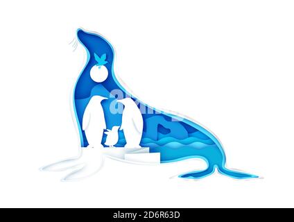 Grande silhouette animale con paesaggio artico, famiglia pinguini e uccello, illustrazione vettoriale in stile arte della carta. Illustrazione Vettoriale