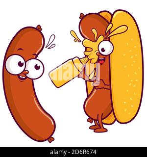 Salsiccia di cartoni animati e hot dog che si spruzzano di senape. Sandwich fast food e salsicce. Foto Stock