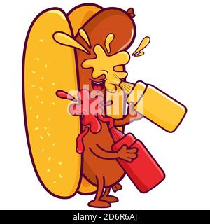 Personaggio hot dog cartoni animati che tiene bottiglie di senape e ketchup e si spruzza con salse. Sandwich fast food con salsiccia e salse. Foto Stock