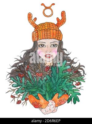 Simbolo zodiaco Toro. Ragazza con mazzo di conifere sempreverde e bacche isolato su bianco. Illustrazione dell'acquerello invernale disegnata a mano, esoterica e mistica Foto Stock