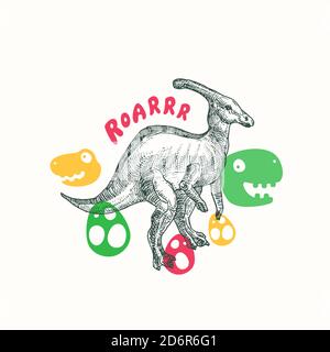 Simbolo, simbolo o modello di carta preistorico per l'astratto dei dinosauri. Rettile Parasaurolofo disegnato a mano con illustrazioni Funny Flat Style. Carino vettore T Illustrazione Vettoriale
