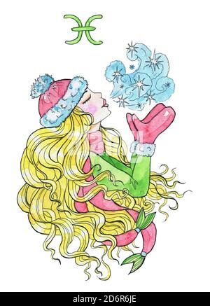 Simbolo zodiaco Pesci. Bella ragazza che indossa cappello caldo, mittens e sciarpa baciare l'aria gelo isolato su bianco. Illustratore di acquerello invernale disegnato a mano Foto Stock