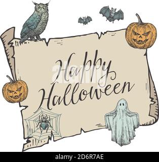 Happy Halloween Trick o Treat Vector Banner Template. Illustrazioni di sfondo, gufo, zucche, ragno e disegno fantasma della carta a scorrimento disegnata a mano Illustrazione Vettoriale