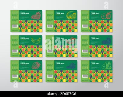 Raccolta modelli etichetta Juice modello. Set di layout di progettazione per packaging vettoriale astratto. Banners di tipografia moderna con frutta disegnata a mano, berries e. Illustrazione Vettoriale