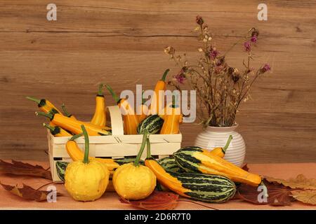 Cestino pieno di zucche e un vaso di fiori su un sfondo di legno Foto Stock