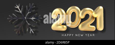 Iscrizione 2021 felice anno nuovo sfondo in stile realistico su sfondo nero e fiocco di neve. Illustrazione vettoriale. Illustrazione Vettoriale