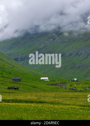 Villaggio Elduvik situato a Fjord Funningsfjordur, Europa, Nord Europa, Danimarca, Isole Faroe Foto Stock