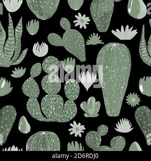 Seamless Pattern Cactusa un'illustrazione dipinta a mano su sfondo nero. Pianta esotica del deserto. Pianta inroom per arredamento domestico. Vettore Illustrazione Vettoriale