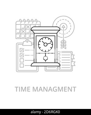 Illustrazione della linea piatta di gestione del tempo nello stile di tendenza. Icona e concetto vettoriale complesso Illustrazione Vettoriale