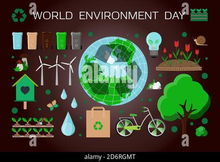 Poster con una serie di elementi per la giornata mondiale dell'ambiente. Illustrazione vettoriale piatta con il tema dell'ecologia e della protezione della Terra. Ecologia delle acque, separazione dei rifiuti, fonti di energia ecocompatibili e verde del pianeta. Set di icone. Illustrazione Vettoriale