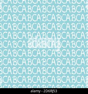 Righe scritte a mano di font ABC sfondo modello senza giunture. Sfondo bianco blu con moderna scritta a mano in stile bambino. Tipografia lineare geometrica Illustrazione Vettoriale