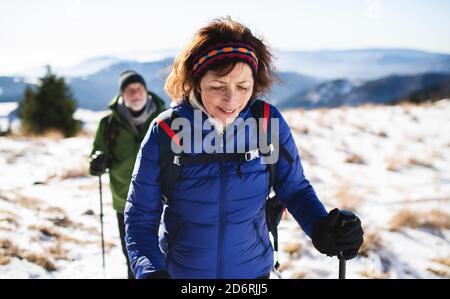 Coppia senior con bastoni nordici escursionistici nella natura innevata invernale. Foto Stock