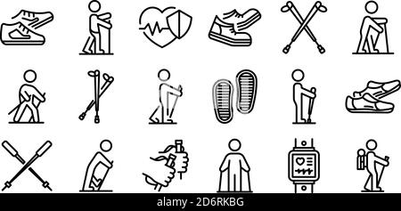 Set icone Nordic Walking, stile contorno Illustrazione Vettoriale