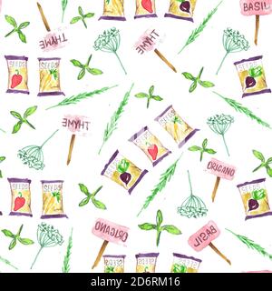 Pattern con attrezzi da giardino set di acquerelli. Disegno per impacchettamento semi. Foto Stock