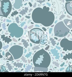 Acorno vettoriale stilizzato, mele, foglie di quercia senza cuciture motivo sfondo. Sfondo blu monocromatico di frutta elegante, noci in stile giacobino. Barocco Illustrazione Vettoriale