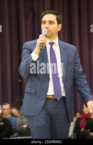 Justin Trudeau, Kate Young e Peter Fragiskatos parlano alla Western University di Alumni Hall Foto Stock