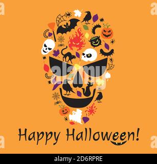 Halloween dettagli in una forma di un cranio. Illustrazione Vettoriale