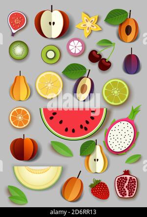 Carta vettoriale taglio artigianale stile frutti estivi e bacche. Illustrazione Vettoriale
