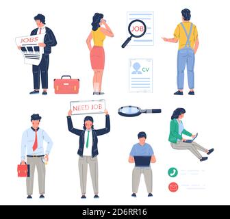 Ricerca lavoro insieme di caratteri cartoni animati maschile e femminile, illustrazione vettoriale isolata. Occupazione, assunzione. Illustrazione Vettoriale