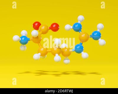 Molecola aminoacidica di arginina (L-arginina, Arg, R). Rendering 3D. Gli atomi sono rappresentati come sfere codificate per colore: Idrogeno (bianco), carbonio (giallo), ossig Foto Stock