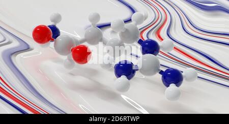 Molecola aminoacidica di arginina (L-arginina, Arg, R). Rendering 3D. Il modello molecolare a sfera e a bastone mostrato fluttuante appena sopra una superficie di vernice liquida. Colo Foto Stock